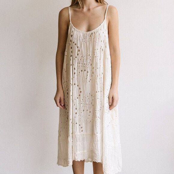 Magnolia Pearl White All over Eyelet Tie strap Boho Asymmetrical slip Dress FS - Picture 1 of 16